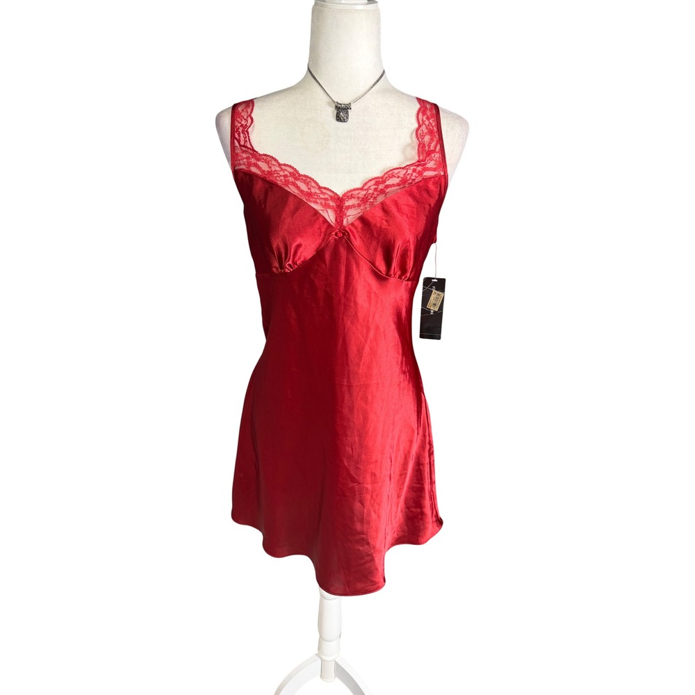 Vintage Y2K Jones New York Satin Slip Dress Red Lace Chemise NWT Medium